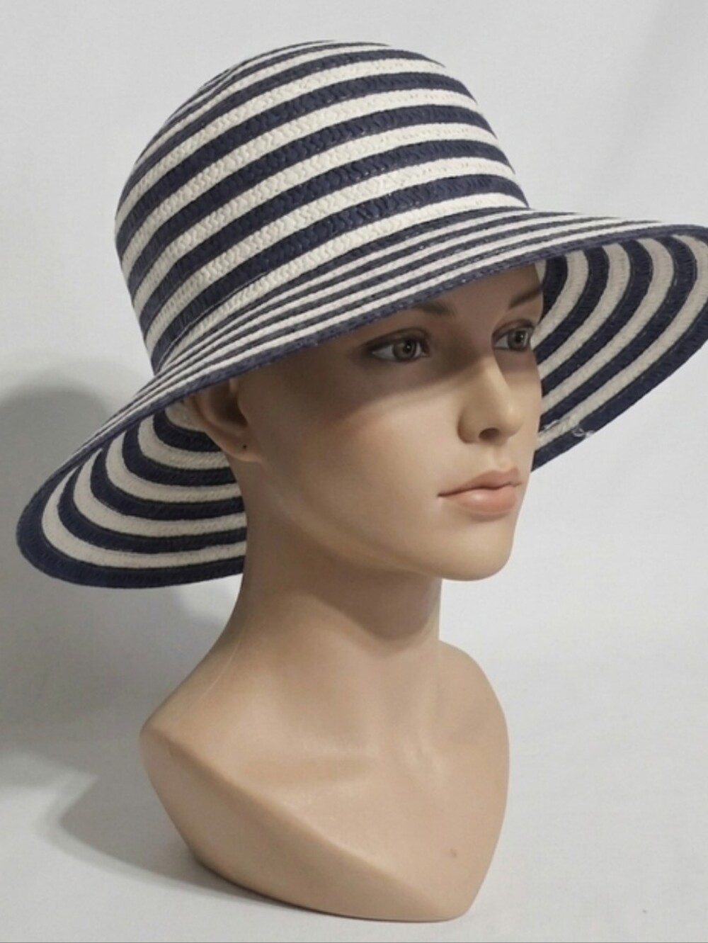 Striped Wide Brim Sun Hat Navy Blue White Floppy